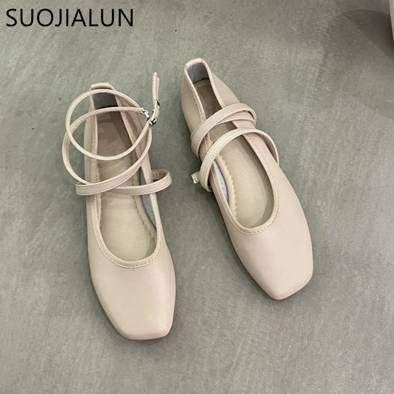 SUOJIALUN 2021 New Women Round Toe Flats Shoes Shallow Slip On Ballet Flat Ankle Strap Casual Loafers Soft Ballerina zapatos muj