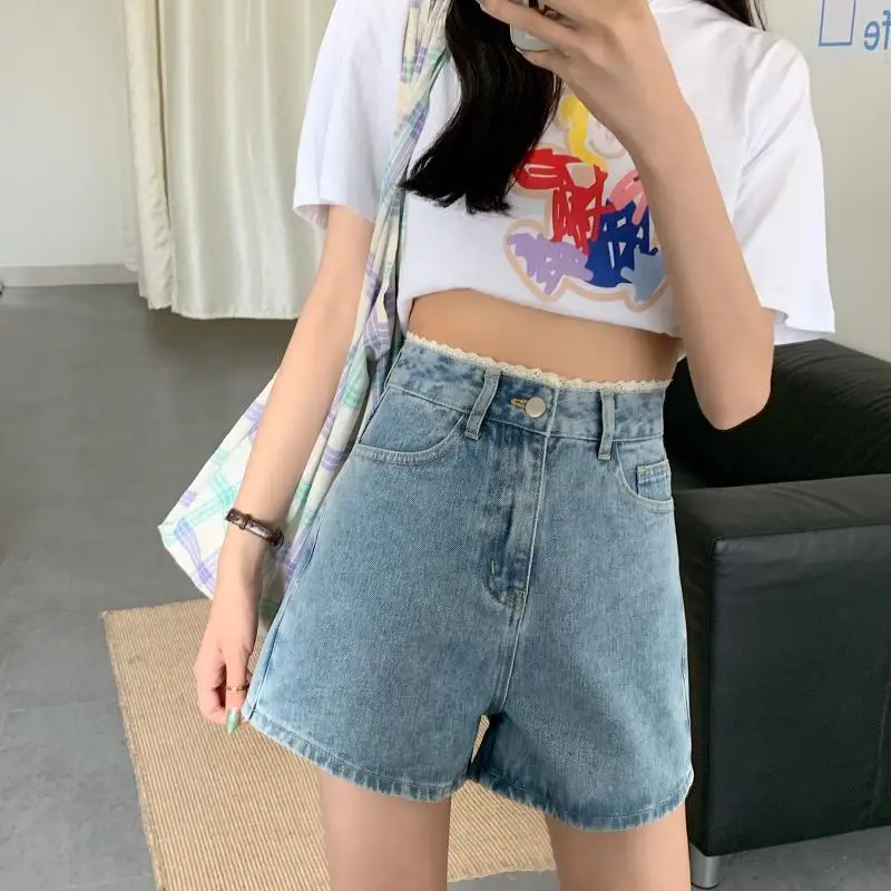 

Lace denim shorts women loose Korean summer 2021 new high waist straight pants show thin A-line hot pants