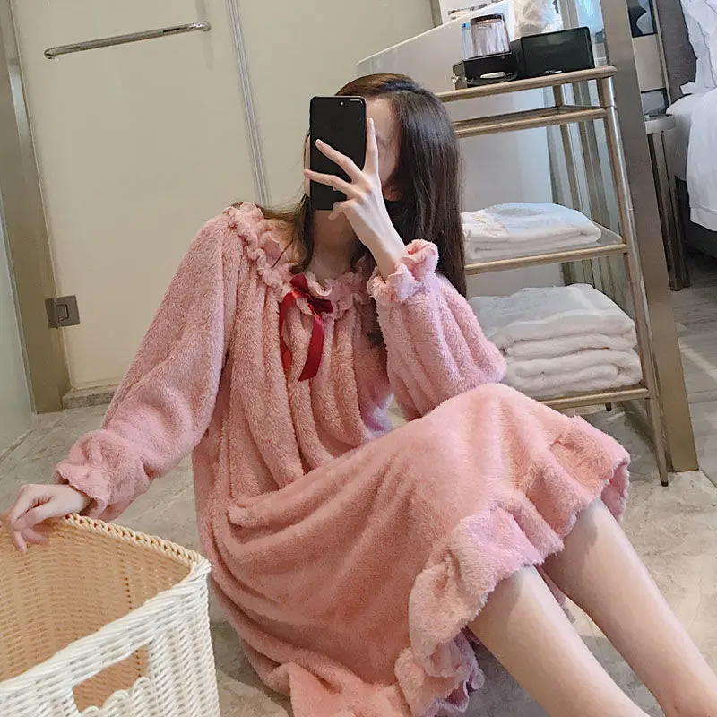 SOUGEN Flannel Sleepwear Women Sweet Pink Nightgowns Ruffles Neck Loose Sleepwear  for Women Plus Size Thick Autumn Winter