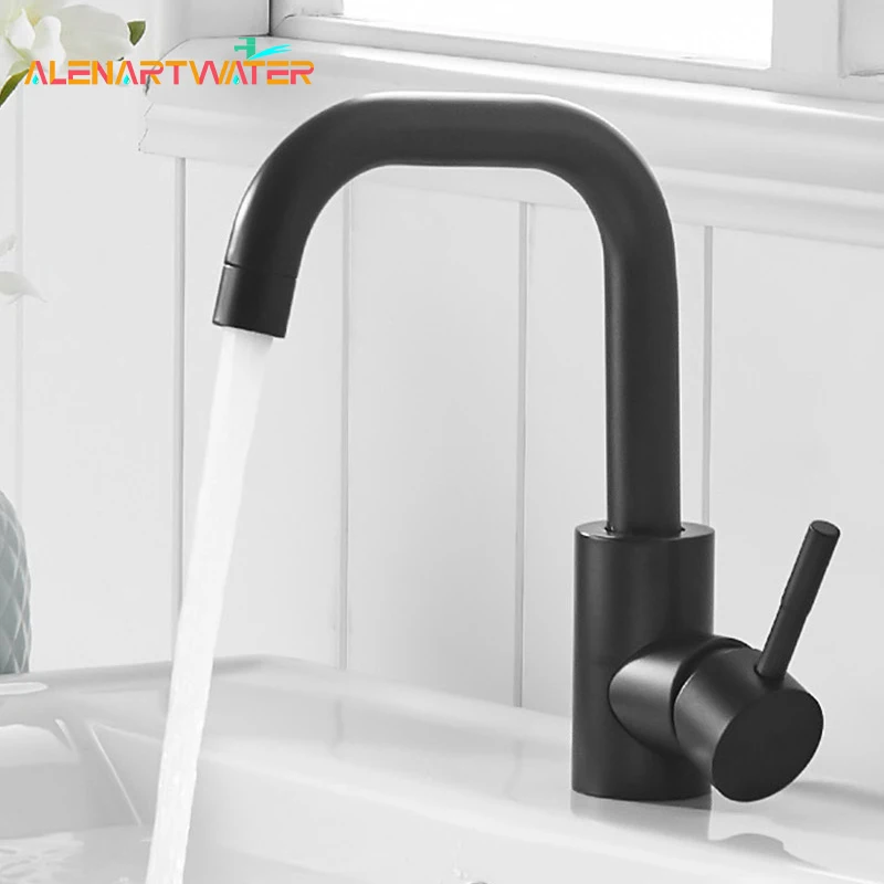 

ALENARTWATER Bathroom Sink Washbasin Faucet Matte Black Deck Mounted Basin Crane Cold Hot Water Mixer Tap 360 Degree Rotation