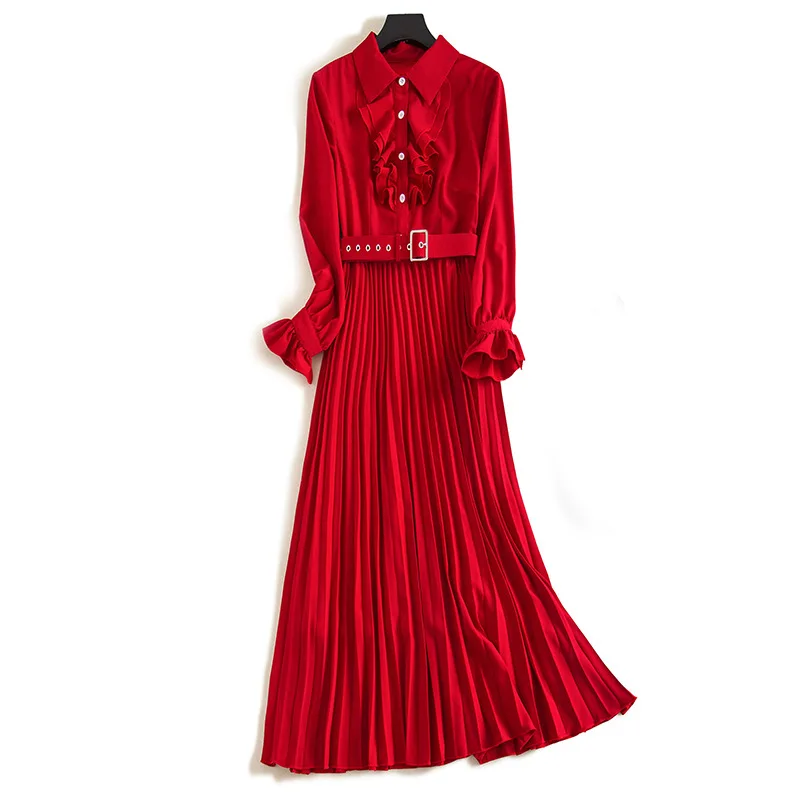 

Spring Autumn Shirt Dress 2020 Ladies Turn Down Collar Pleated Ruffled Lace up French Vintage Long A-line Dress Red