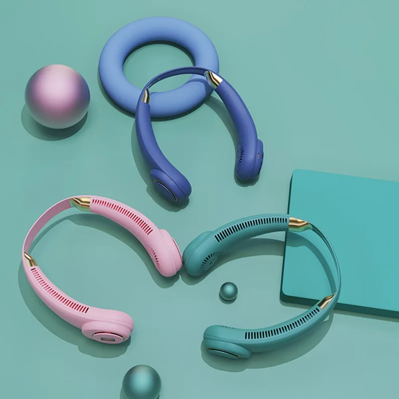 

Charging Small Fan Hanging Neck Outdoor Sports Portable Digital Display Without Leafless Fan Small Lazy Neck Hanging Fan F21-blu