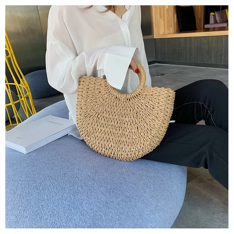 

Hot Summer Handmade Bags for Women Beach Weaving Ladies Straw Bag Wrapped Beach Bag Moon shaped Top Handle Handbags Totes