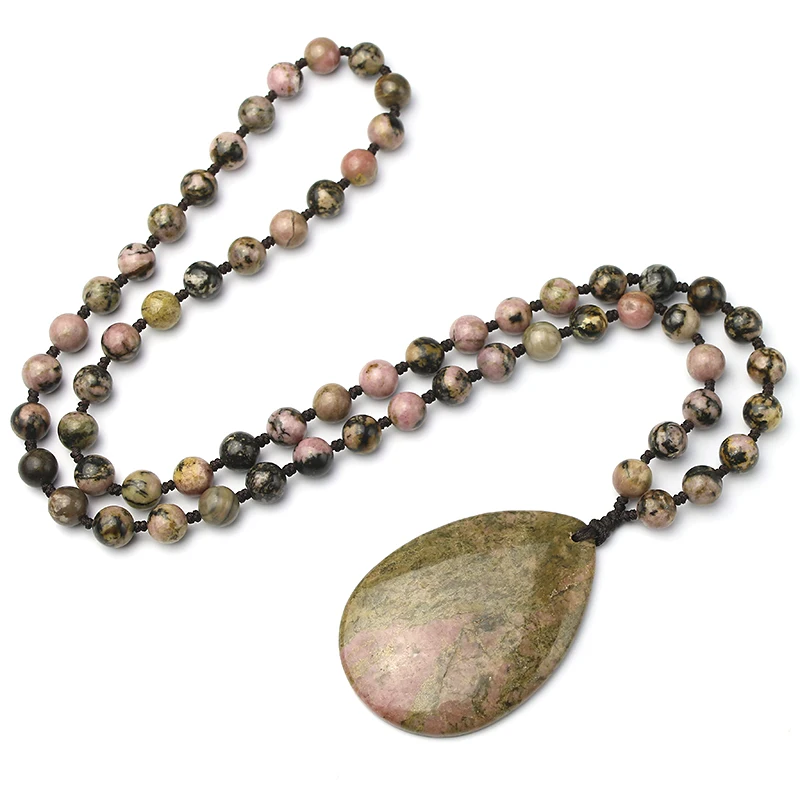 Natural 8mm Black Line Rhodochrosite Stone Beads Necklace Women Energy Pendent Necklaces Jewelry Handmade Knotted Accessories | Украшения и