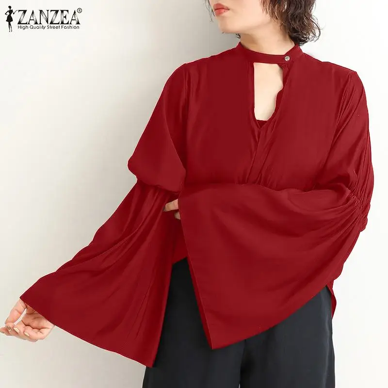 

Elegant Flare Sleeve Work OL Tops Casual Loose Tunic Tops 2021 Stylish Women Solid Blouse ZANZEA Retro Blusas Femininas S-