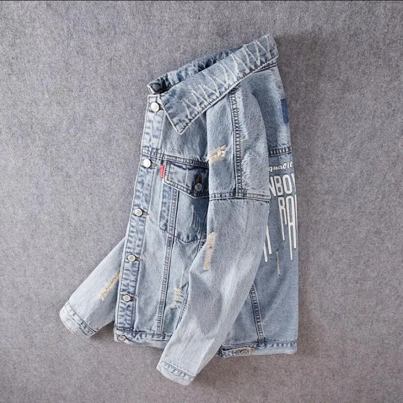 

2021 Spring Men Jackets Retro Blue Printed Designer Denim Jackets Men Casual Cotton Coats Ripped Hip Hop Fashion Streetwear