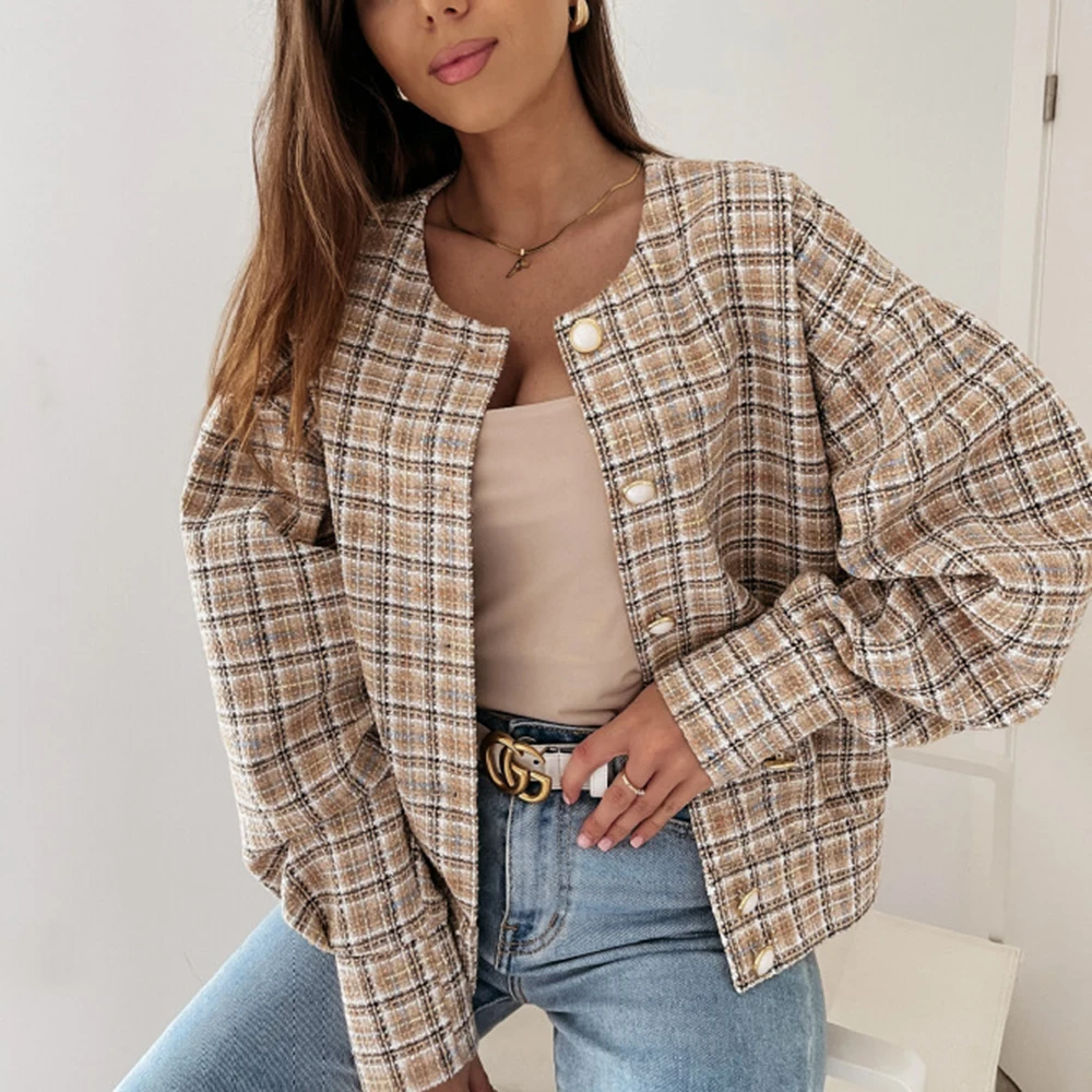 

Autumn Winter Women O-neck Plaid Long Sleeve Coat Jacket Ladies 2022 Casual Office Wear Single Breasted Outerwear Oversize Tops