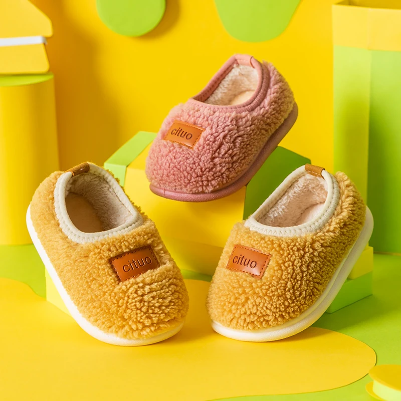 Winter Kids Indoor Shoes Baby Toddler Soft Non-slip Lambs Wool Warm Shoes Casual First Walker Boys Girls Furry Cotton Slippers