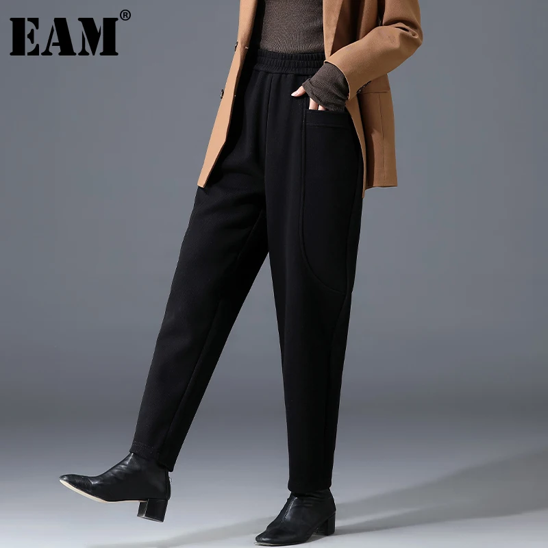 

[EAM] Черные Длинные повседневные шаровары с высокой эластичной резинкой на талии, новые свободные женские брюки, модные весенне-осенние 2022 ...