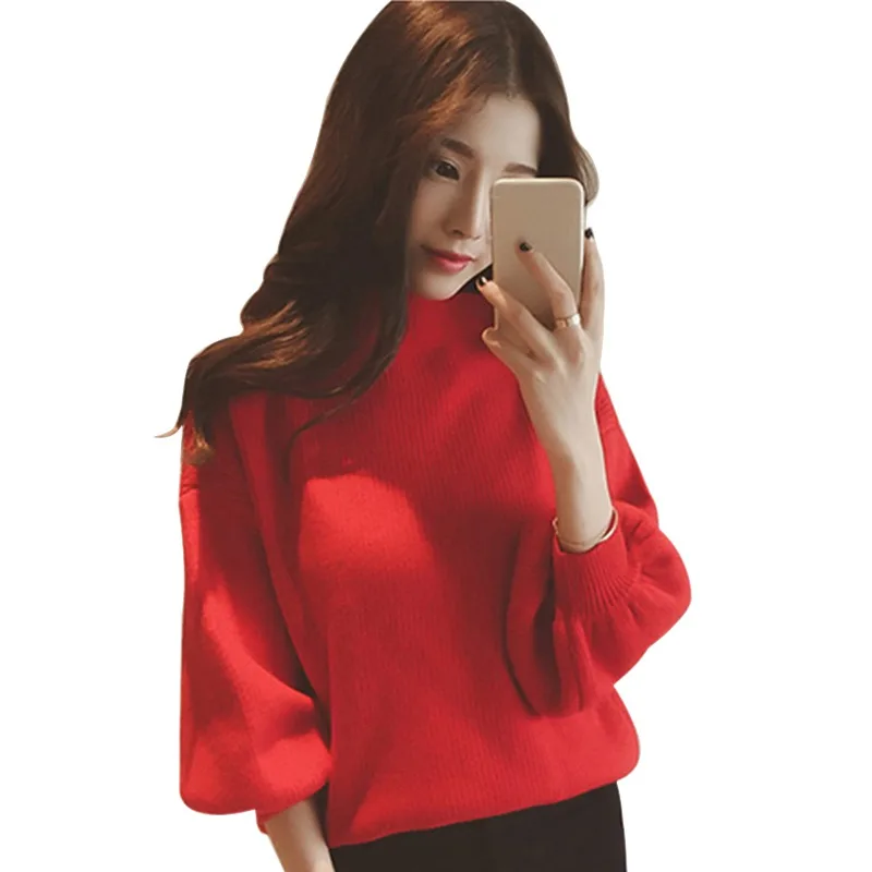 

Hot Women Sweaters Jumper Pullover Solid Tops Autumn Casual Long Lantern Sleeve Loose Knitted Turtleneck Sweater Hot