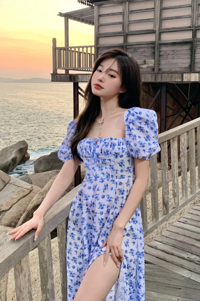 

Uulutonica Summer Women Elegant Fashion A-line Print Draw String Ankle-length Puff Sleeve Empire Slash Neck Dress