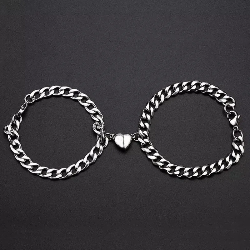 

2PC Silver Color Magnet Bracelet for Lovers Stainless Steel Punk Heart Chain Bracelet Women Girls Fashion Jewelry