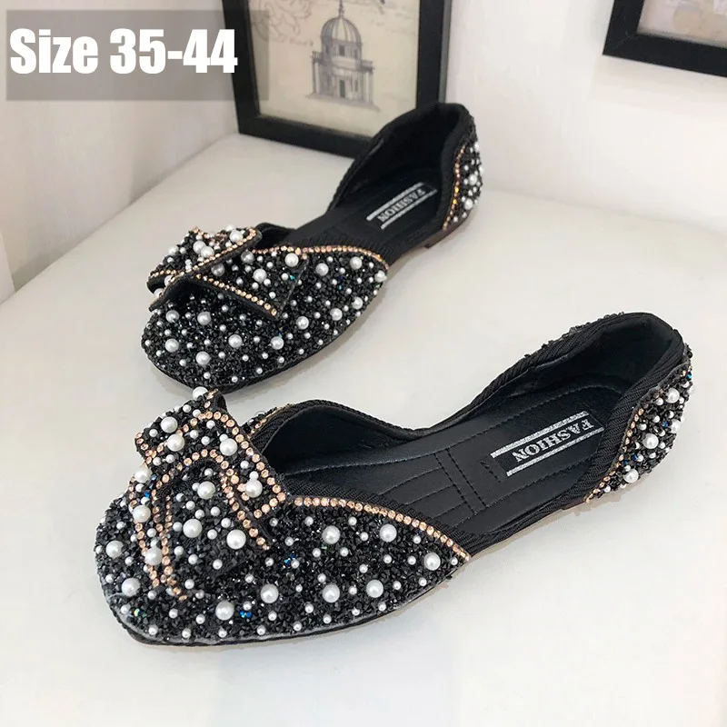 Мокасины женские с квадратным носком лоферы жемчугом плоская подошва стразы