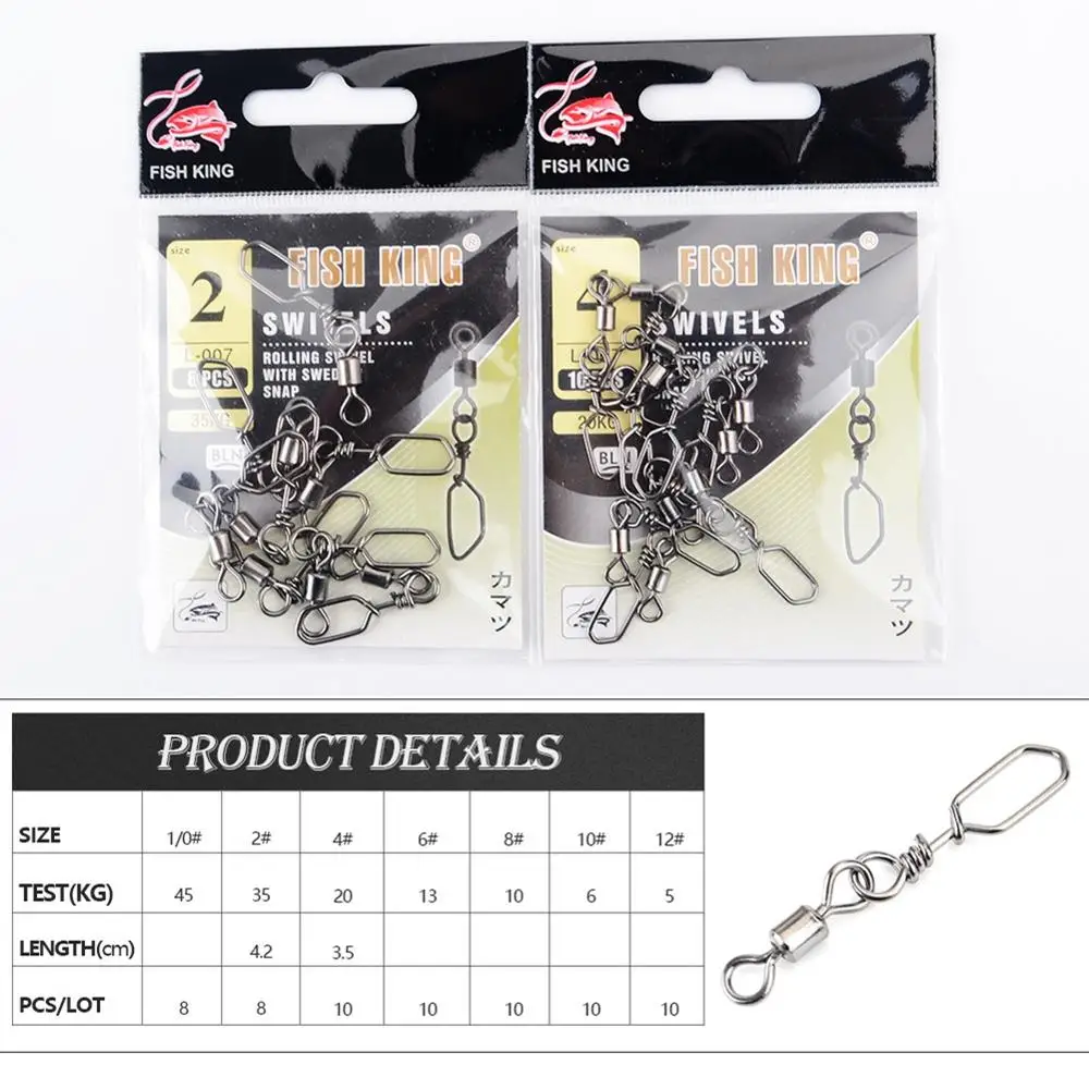 

10PCS/Lot 4# Fishing Connector Pin Bearing Rolling Swivel Stainless Steel with Snap Fishhook Lure Tackle #