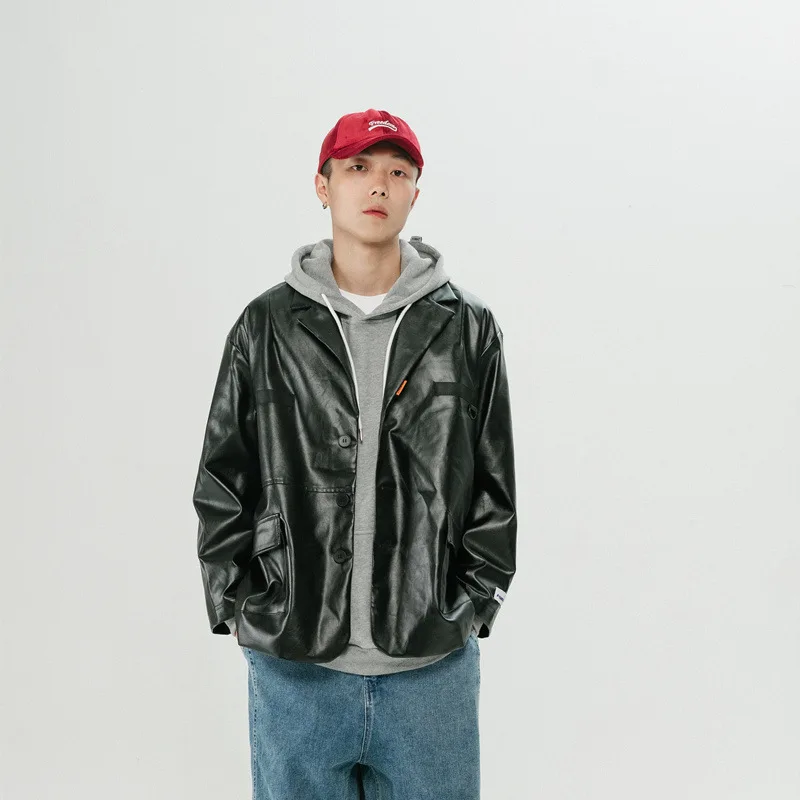 

Новинка весна-осень 2022 мужская куртка из искусственной кожи японский модный тренд свободный широкий нейтральный стиль костюм текстурная к...