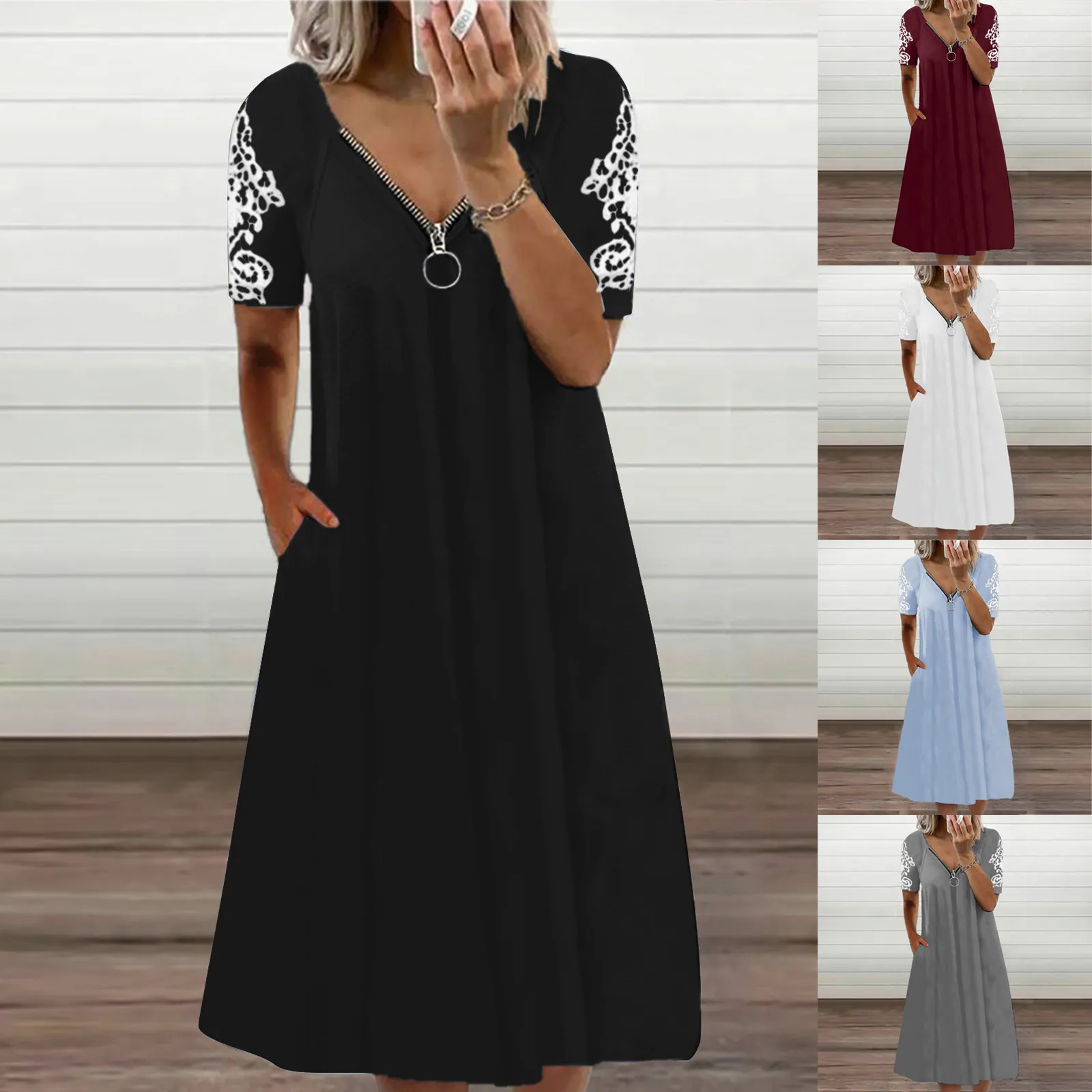 

vestido de mujer Women's Casual Fashion Solid Lace Short Sleeve Zipper V-Neck Knee-Length Dress vestidos de mujer casual
