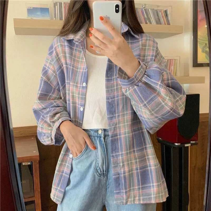 

Plaid Shirts Women Lantern Sleeve Cardigan Vintage Top Pink Purple Checkered Beautiful Blouse Fashion Button Up Oversize