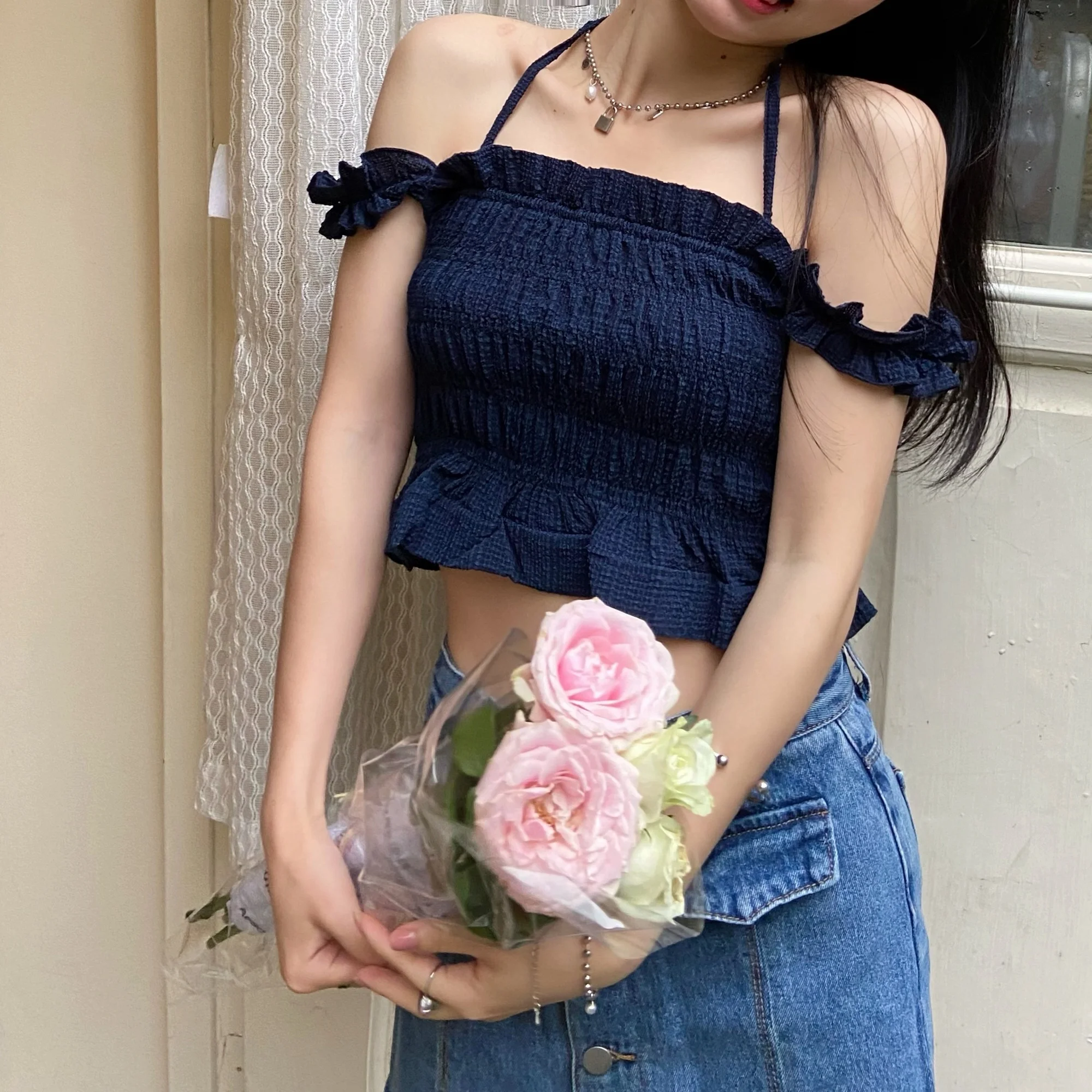 Женская летняя футболка со складками на бретельках | одежда