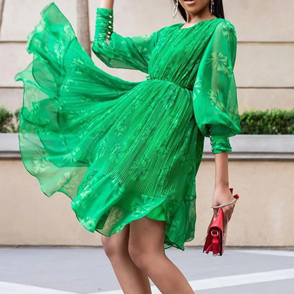 

Fashion Plus Size Ladies Dress Casual African Green Chiffon Round Neck Lantern Sleeve Ruffle 2021 Women Office Dresses Summer