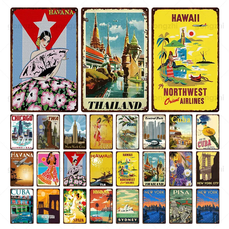 

Tourist City Metal Tin Sign Vintage Retro Hawaii Cuba Paris Famous Landscape Iron Painting Bar Shop City Poster Plaque 20x30cm