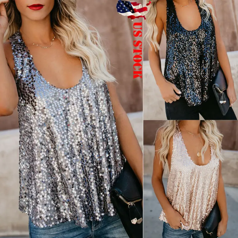 Майка женская с блестками модный пикантный топ круглым вырезом майка без рукавов