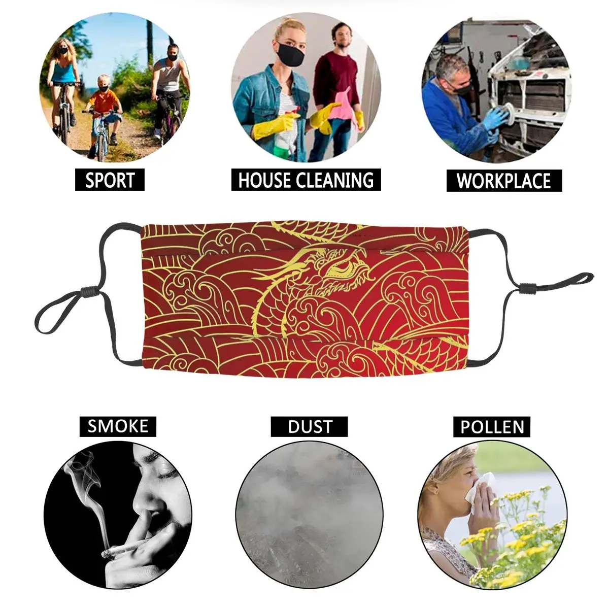 

Gold Dragon Pattern Non-Disposable Mouth Face Mask Asian China Anti Haze Dustproof Protection Cover Respirator Mouth Muffle