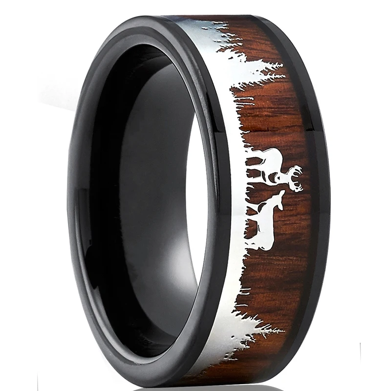 FDLK Vintage 8mm Men's Black Tungsten Hunting Ring Wood Inlay Antler Silhouette Suitable For Wedding Jewelry Gifts | Украшения и