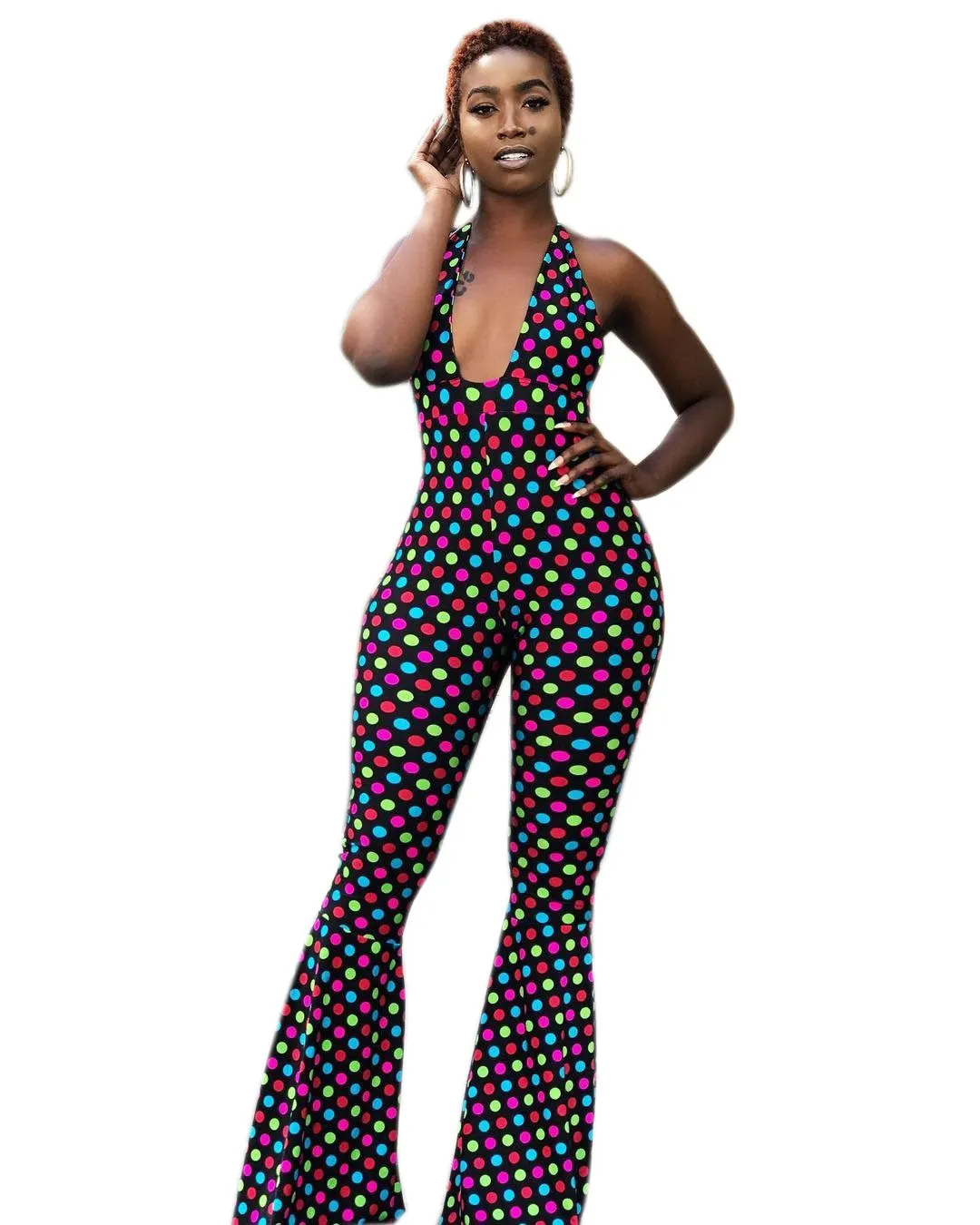 2019 Для женщин на осень с лямкой шее без рукавов комбинезон расклешенными