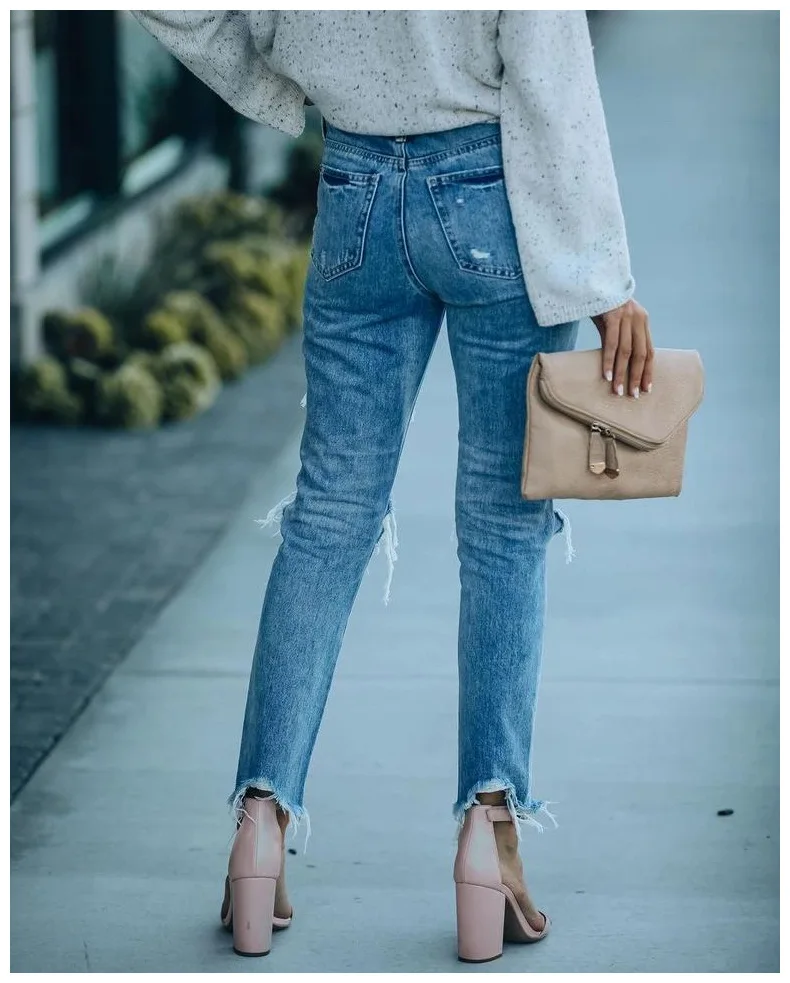 

2021 Summer New Style Ripped Straight-leg Pants Mid-waist Cowboy Trousers Casual Tight-fitting Streetwear