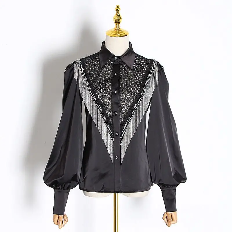 WHITNEY WANG Blouses 2020 Spring Fashion Hollow Out Lace Patchwork Beading Tassel Blouse Women Blusas Office Lady Shirt Top | Женская