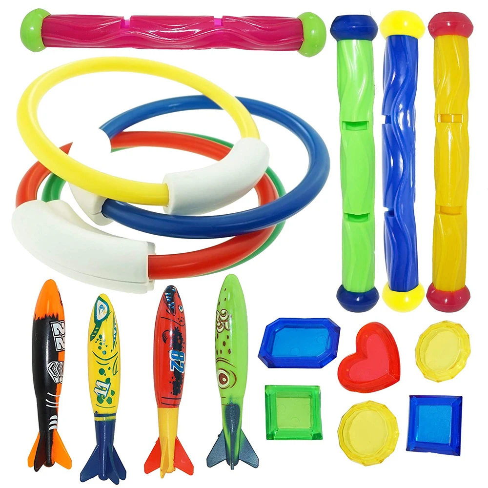 

19 Pcs Swimming Toy Diving Ring Seaweed Diving Stick Water Torpedo Rocket Throwing Toys Summer Game Swimming Pool Toys Gifts
