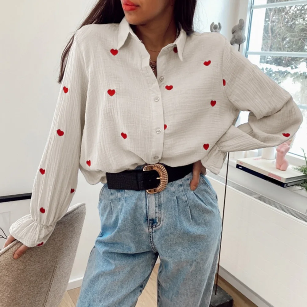 

Casual Turn Down Collar Blouses Women Fashion Heart Embroidery Shirts Women Elegant Long Sleeve Tops Female Ladies