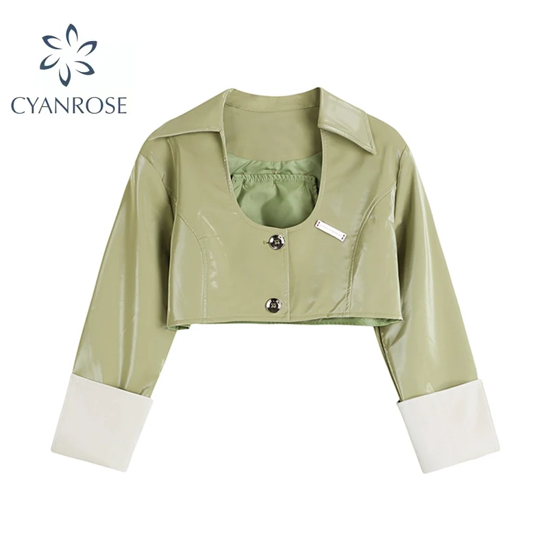 

Autumn Women Faux Pu Leather Short Jacket Streetwear Casual Long Sleeve Single Breasted New Trendy Sense Of Design Outwear Coat