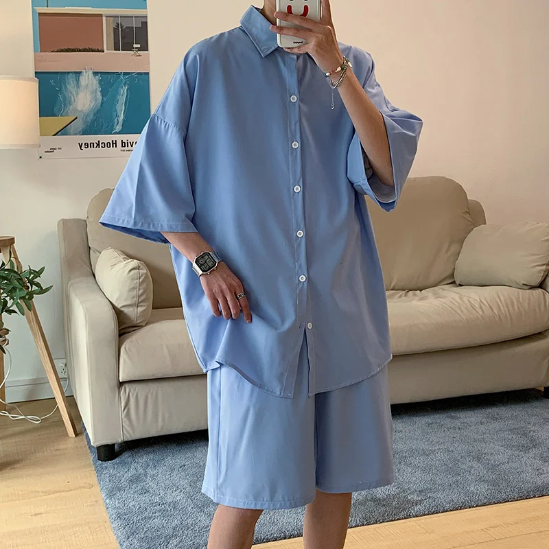 Костюм мужской летний из тонкой рубашки и шортов с коротким рукавом|Мужские