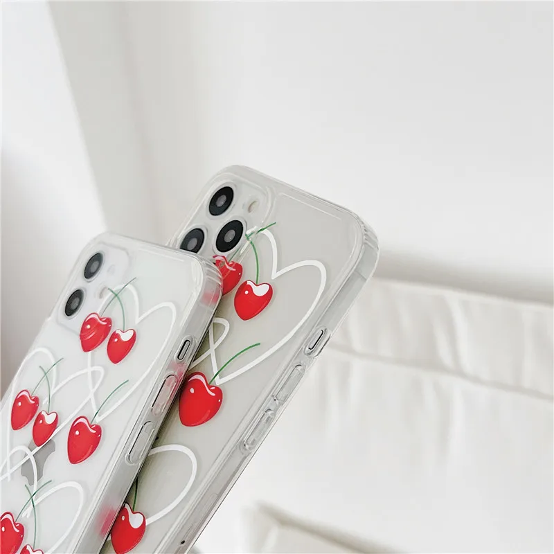 

Cute Love Heart Cherry Couple Phone Case For iPhone 12 11 Pro Max 12MIni XR XS X 7 8 Plus Clear Cartoon Soft TPU Back Cover