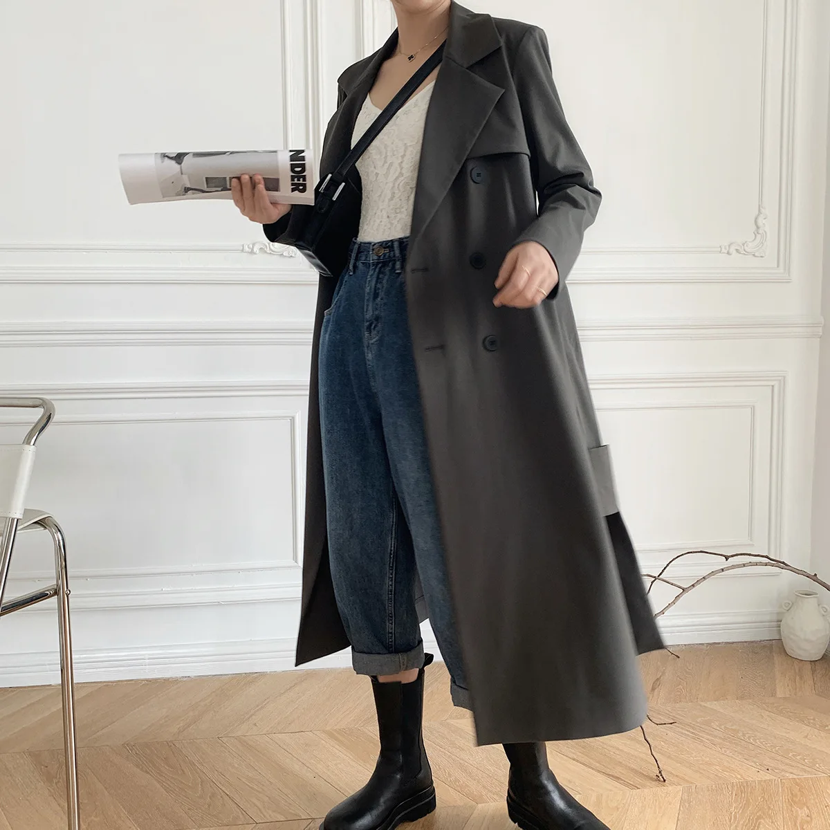 

Женский Тренч Осень-зима 2021, серый Тренч средней длины с поясом