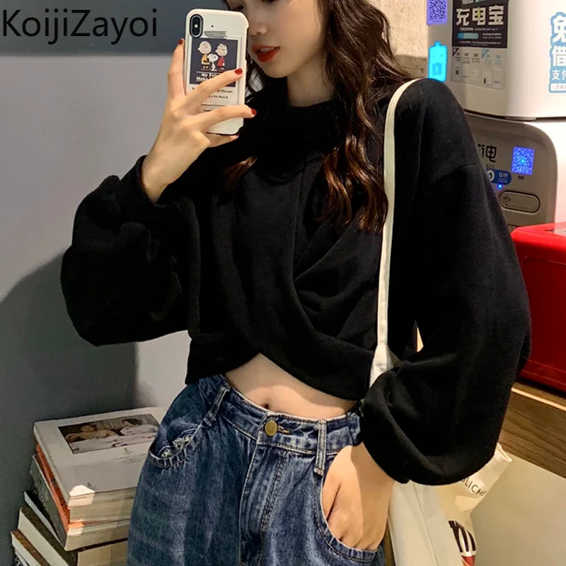 

Koijizayoi Woman Sweatshirts 2021 Korean O-neck Short Pullovers Casual Autumn Winter Solid Loose Hoodies Fashion Ladies Crop Top