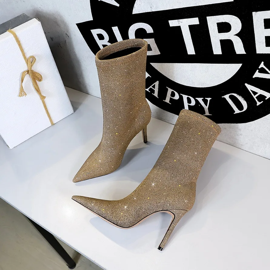 BIGTREE Boots Autumn New Sequin Cloth Women Ankle Boots Pointed Toe High-heel Boots Sexy Short Boots Thin With Party Ladies Shoe