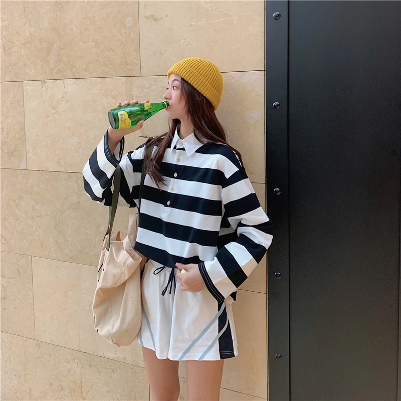 Женские толстовки осенние корейские свободные винтажные полосатые тонкие милые
