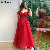 smileven sexy red off the shoulder glitter tulle evening dresses ankle length a line with sleeves lady formal party gowns