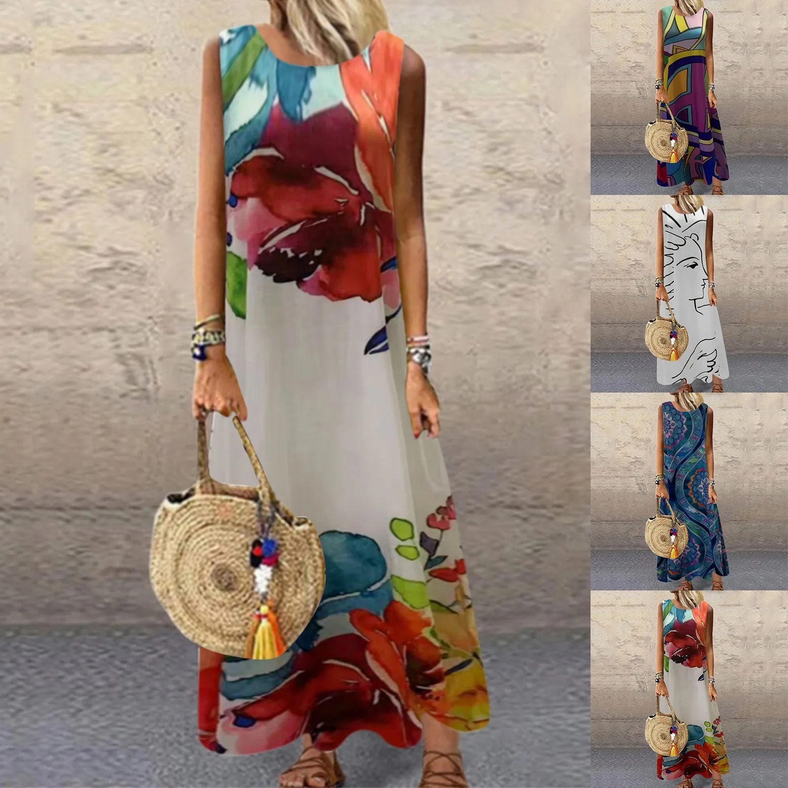 

61# Women Fashion Loose Long Dress Sleeveless O-neck Printed Retro Dress Vestido De Mujer Summer Dress
