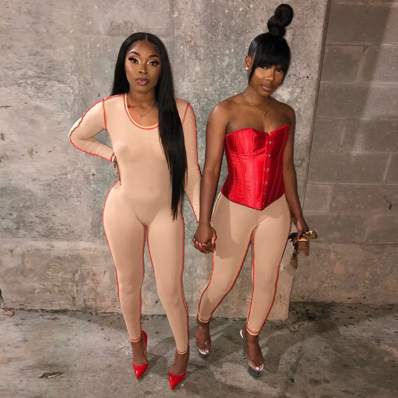 

Striped Jumpsuit Women Sheer Mesh Jumpsuits Long Sleeve Transparent Patchwork Zipper One Piece Bodycon Romper Skinny Jumpsuit