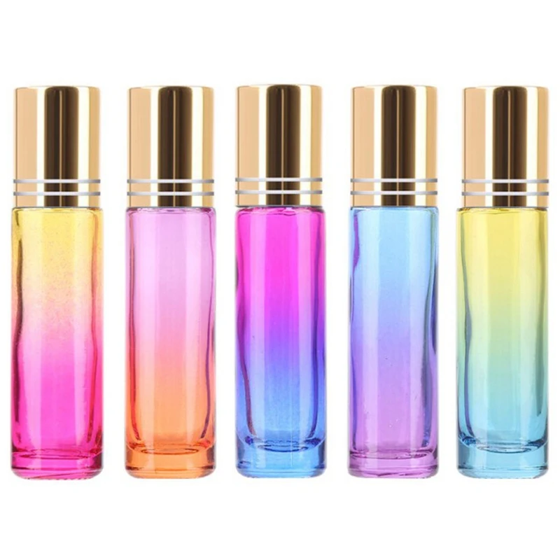 Gradient Ball Bottle 5pcs 5ml Thick Glass Roll On Essential Oil Empty Parfum Bottles Roller Ball 5 Colors Bottle With Gold Cover