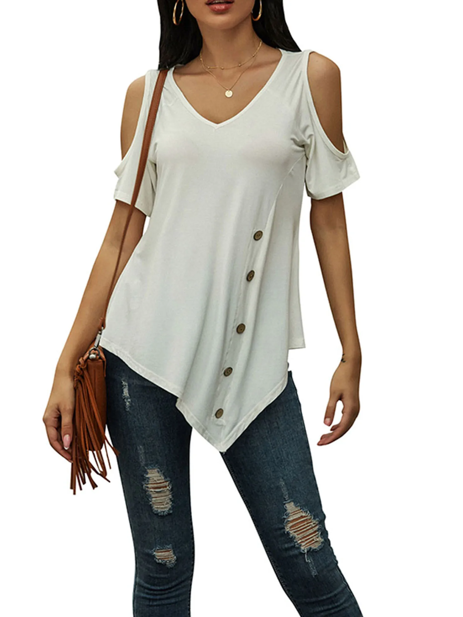 Женская футболка с асимметричным подолом белая Повседневная Свободная рукавами