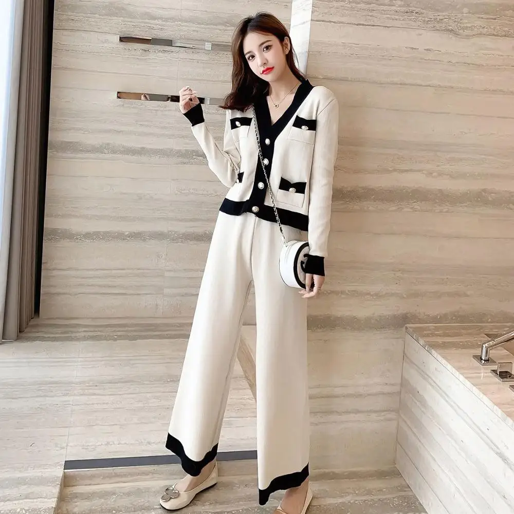 Women Autumn Cardigans Pants Suit Knitted Long Sleeve Sexy V-neck Single Breasted Sweater And Trousers Elegant Korean Office Set |