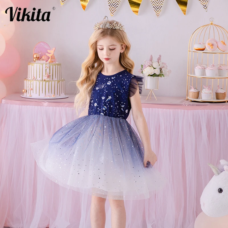 

VIKITA Girls Princess Dress Summer Flare Sleeve Star Sequins Vestidos Children Sweet Party Elegant Mesh Dress Kids Clothing