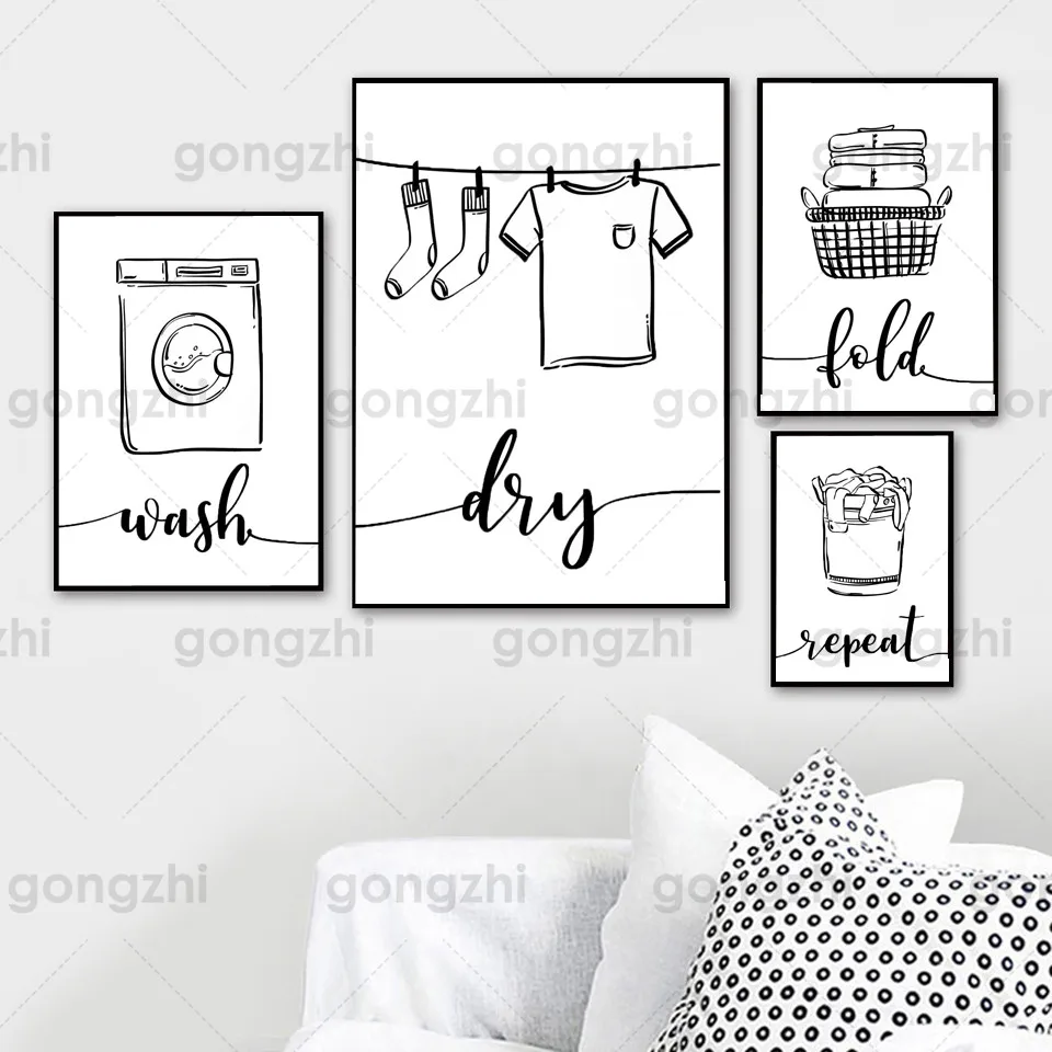 

Home Decor Laundry Room Wall Art Poster Laundry Logo Canvas Painting Minimalist Black and White Washing Machine Printing Picture