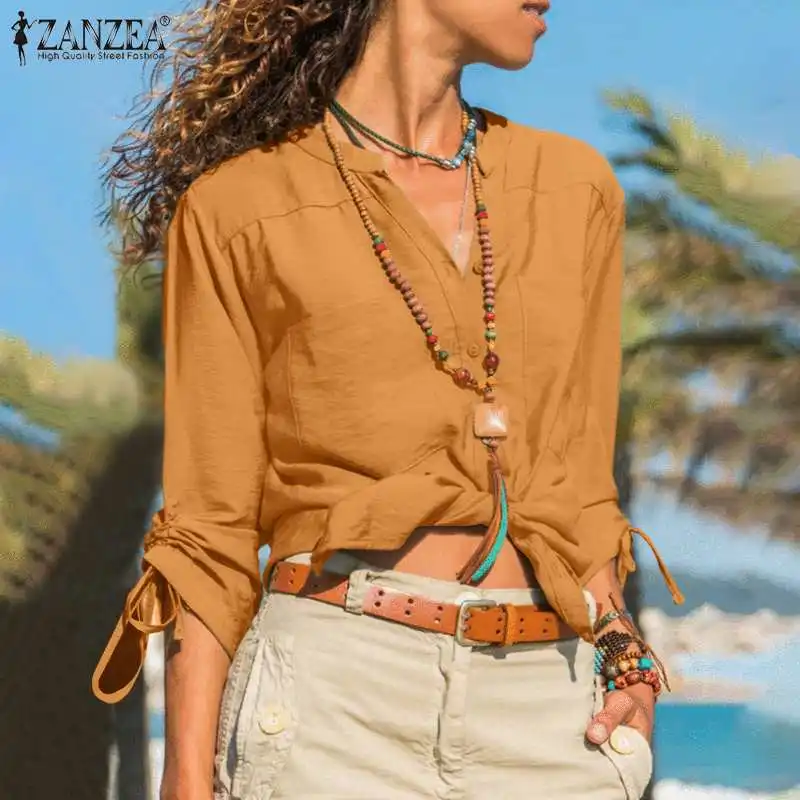 

ZANZEA Elegant Women V Neck Long Sleeve Shirt Casual OL Blouse Stylish Autumn Solid Work Blusas Oversized Drawstring Tunic Tops