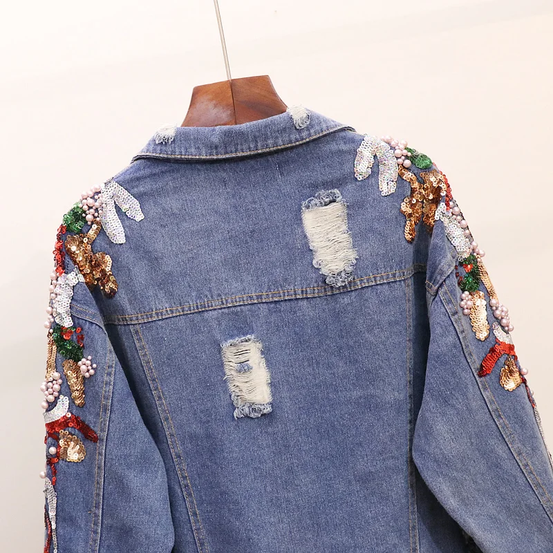 

Korean style loose beading Denim women autumn casual sequins jackets coat D912