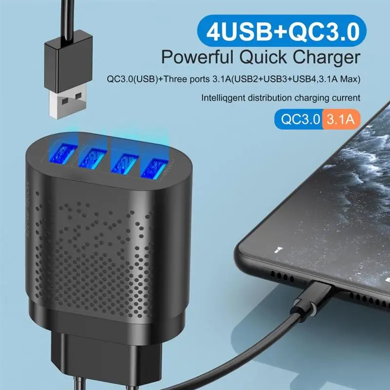 

48W QC3.0 USB Charger Quick Charge Fast Charging With 4 USB Ports Portable Power Adapter 5V/3A Wall Charger EU/US/UK Plug